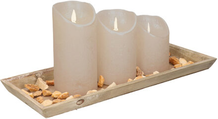 Anna's Collection Houten dienblad met 3 LED kaarsen in de kleur taupe 39 x 15 cm - LED kaarsen