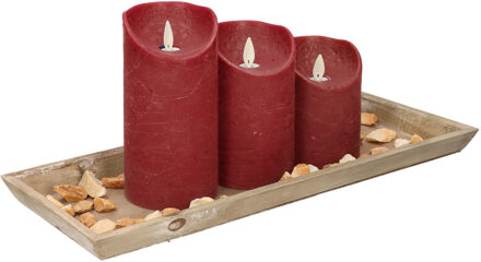 Anna's Collection Houten dienblad met steentjes en 3 LED kaarsen in het bordeaux rood 39 x 15 cm - LED kaarsen