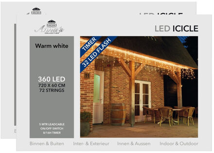 Anna's Collection Ijspegelverlichting - 2x - lichtsnoer - 360 led lampjes - warm wit - 720 x 60 cm