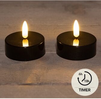 Anna's Collection Jumbo theelichtjes/waxinelichtjes - 2x - zwart - D6 x H4,5 cm - 3D vlam - timer