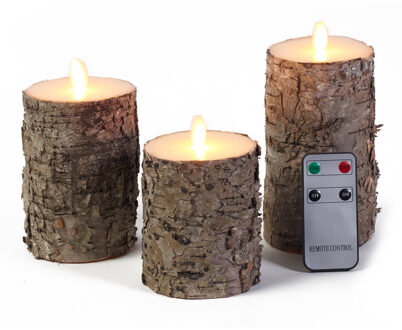 Anna's Collection Kaarsen set 3 berkenhout LED stompkaarsen met afstandsbediening