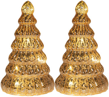 Anna's Collection Kerstboom beeldje - 2x - goud - met LED licht - 18 cm - glas - decoratie kerstboompje