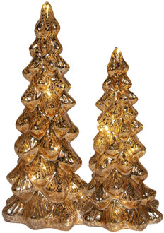 Anna's Collection Kerstboom beeldjes - 2x st - goud - H20 en H25 cm - glas - met LED verlichting