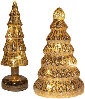 Anna's Collection Kerstboom beeldjes - goud - met LED licht - glas - decoratie kerstboompje