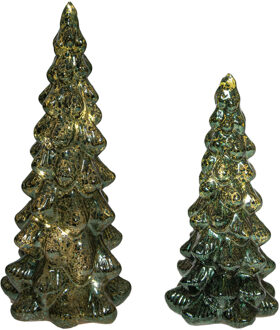 Anna's Collection Kerstboom beeldjes - groen - met LED licht - glas - decoratie kerstboompjes
