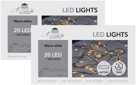 Anna's Collection Kerstverlichting - 2x st- warm wit - 150 cm - 20 led lampjes - zwart snoer - op batterijen