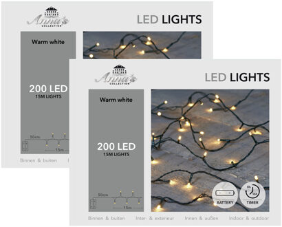 Anna's Collection Kerstverlichting - 2x - warm wit - 1500 cm - 200 led lampjes - zwart snoer - op batterijen