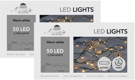 Anna's Collection Kerstverlichting - 2x - warm wit - 375 cm - 50 led lampjes - zwart snoer - op batterijen