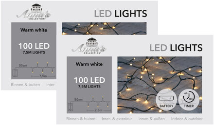 Anna's Collection Kerstverlichting - 2x - warm wit - 750 cm - 100 led lampjes - zwart snoer - op batterijen