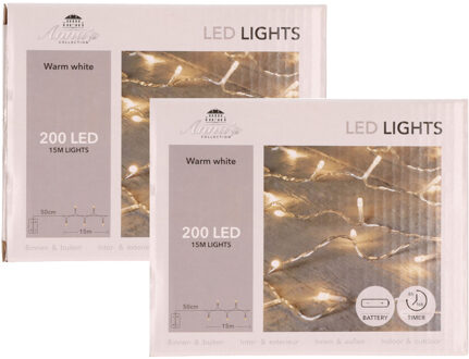 Anna's Collection Kerstverlichting lichtsnoer - 2x - 200 led lampjes - warm wit - 15 m - batterij - timer functie