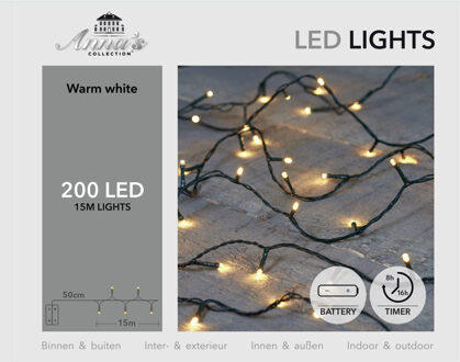 Anna's Collection Kerstverlichting - warm wit - 1500 cm - 200 led lampjes - zwart snoer - op batterijen