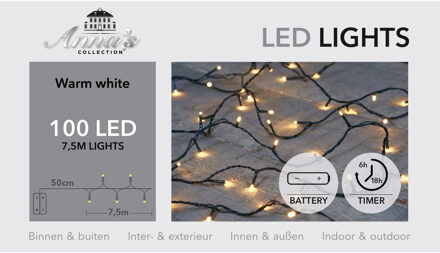 Anna's Collection Kerstverlichting - warm wit - 750 cm - 100 led lampjes - zwart snoer - op batterijen