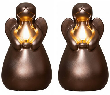 Anna's Collection LED kaars engel - 2x - brons - 14 x 8 cm - met timer - op batterijen - kerst