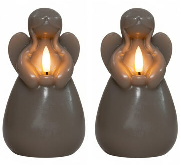 Anna's Collection LED kaars engel - 2x - taupe - 14 x 8 cm - met timer - op batterijen - kerst