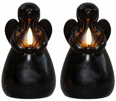 Anna's Collection LED kaars engel - 2x - zwart - 14 x 8 cm - met timer - op batterijen - kerst