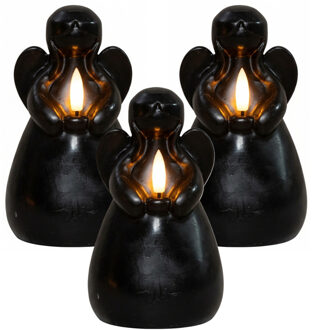 Anna's Collection LED kaars engel - 3x - zwart - 14 x 8 cm - met timer - op batterijen - kerst