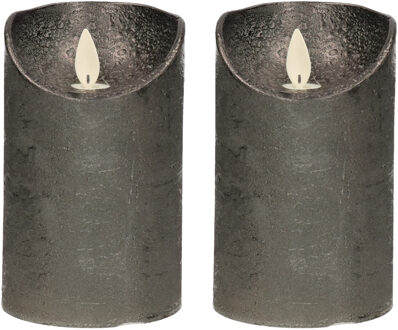 Anna's Collection Led kaars/stompkaars - 2x - antraciet grijs - H12,5 x D7,5 cm - wax - warm wit licht - bewegende vla