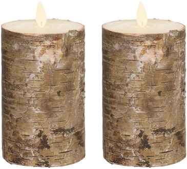 Anna's Collection Led kaars/stompkaars - 2x stuks - bruin - berkenhout - H12,5 x D7,5 cm - wax - warm wit licht - bewe