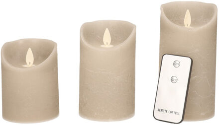 Anna's Collection LED kaarsen/stompkaarsen - 3x st - taupe - afstandsbediening - kaarsenset