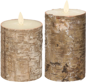 Anna's Collection LED kaarsen/stompkaarsen - set 2x - bruin berkenhout - H10 en H12,5 cm - bewegende vlam