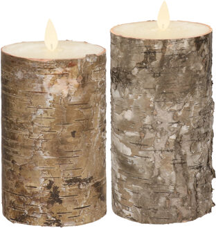Anna's Collection LED kaarsen/stompkaarsen - set 2x - bruin berkenhout - H12,5 en H15 cm - bewegende vlam