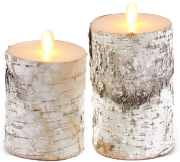 Anna's Collection LED kaarsen/stompkaarsen - set 2x - wit berkenhout - H10 en H12,5 cm - bewegende vlam