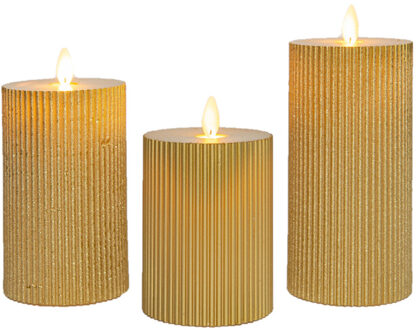 Anna's Collection LED kaarsen/stompkaarsen set - 3x st - goud - ribbel - afstandsbediening