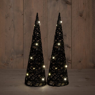 Anna's Collection LED kegel kerstboom lampen - 2x - zwart - kunststof - D12,5 x H40 cm - glitter