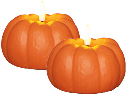 Anna's Collection LED pompoen kaars - 2x st - oranje - D6 x H10 cm - met timer