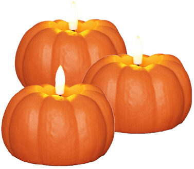 Anna's Collection LED pompoen kaars - 3x - oranje - D6 x H10 cm - met timer