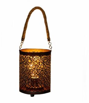 Anna's Collection LED sfeer lantaarn/lamp zwart/goud met timer B12 x H16 cm - Lantaarns