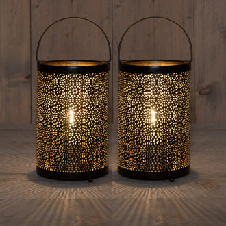 Anna's Collection Led sfeer lantaarns/lampen - 2x st - zwart met goud - rond - B12 x H19 cm