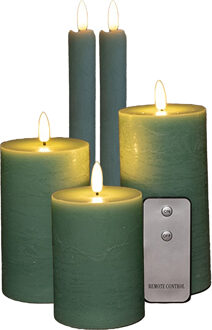 Anna's Collection LED Stomp/dinerkaarsen set - 5-delig - jade groen - 10/12/15/23 cm - incl. afstandsbediening