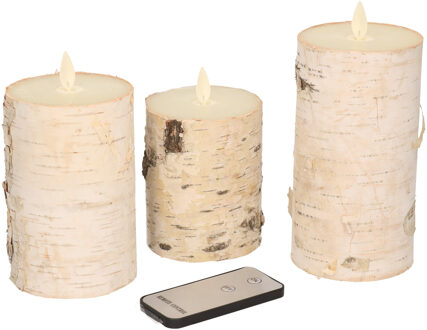 Anna's Collection LED stompkaarsen - 3x st - wit berkenhout - kaarsen met afstandsbediening