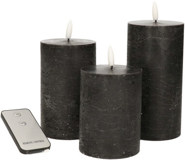 Anna's Collection LED Stompkaarsen met afstandsbediening - 3x - zwart - 10/12.5/15 cm
