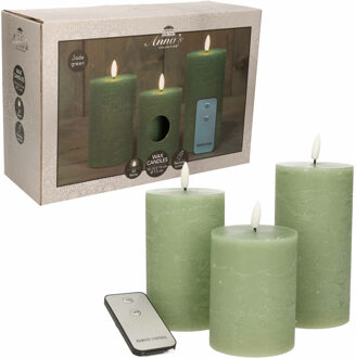 Anna's Collection LED Stompkaarsen met afstandsbediening - 9x - jade groen - 10/12.5/15 cm