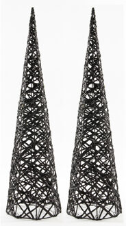 Anna's Collection LED verlichte kerstboom kegels - 2x st - zwart - kunststof - H60 cm - glitter