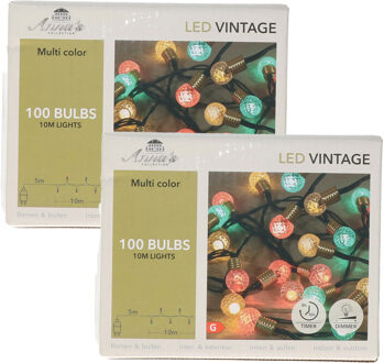 Anna's Collection Lichtsnoer - 2x - vintage bolletjes - 100 led lampjes - groen/rood/wit - 10 m -sfeerverlichting