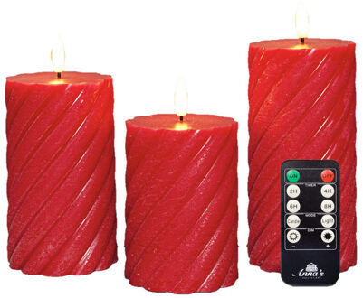 Anna's Collection Luxe LED kaarsen/stompkaarsen set - 3x st - rood - swirl - met afstandsbediening