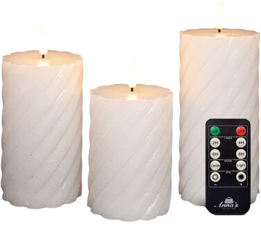 Anna's Collection Luxe LED kaarsen/stompkaarsen set - 3x st - wit - swirl - met afstandsbediening