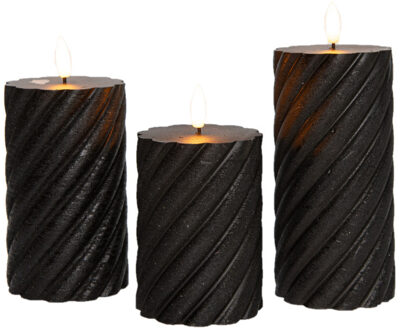 Anna's Collection Luxe LED kaarsen/stompkaarsen set - 3x st - zwart - swirl - met afstandsbediening