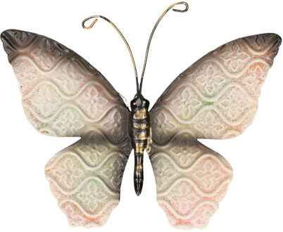 Anna's Collection Muurvlinder - oranje, groen en zwart - 20 x 14 cm - metaal - tuindecoratie - Tuinbeelden