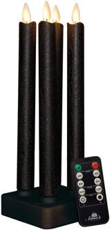 Anna's Collection Oplaadbare LED dinerkaarsen - 4x - zwart - 23,5 cm - afstandsbediening - oplaadstation