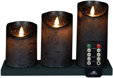 Anna's Collection Oplaadbare LED kaarsen - 3x - antraciet - oplaadstation - stompkaarsen