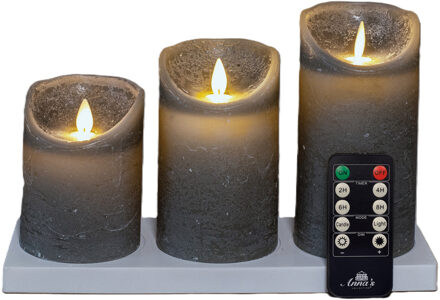 Anna's Collection Oplaadbare LED kaarsen - 3x - grijs - oplaadstation - stompkaarsen