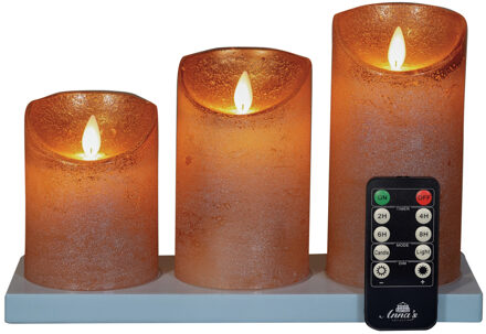 Anna's Collection Oplaadbare LED kaarsen - 3x - koper - oplaadstation - stompkaarsen