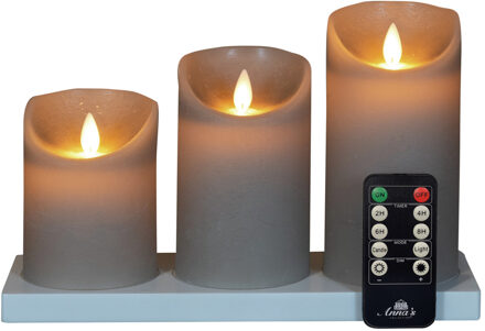 Anna's Collection Oplaadbare LED kaarsen - 3x - lichtgrijs - oplaadstation - stompkaarsen