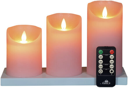 Anna's Collection Oplaadbare LED kaarsen - 3x - lichtroze - oplaadstation - stompkaarsen