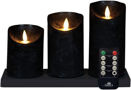 Anna's Collection Oplaadbare LED kaarsen - 3x - zwart - oplaadstation - stompkaarsen