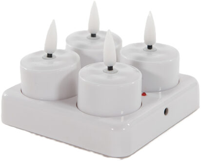 Anna's Collection Oplaadbare LED theelichtjes/waxinelichtjes - 4x st - wit - H5 cm - met oplaadstation